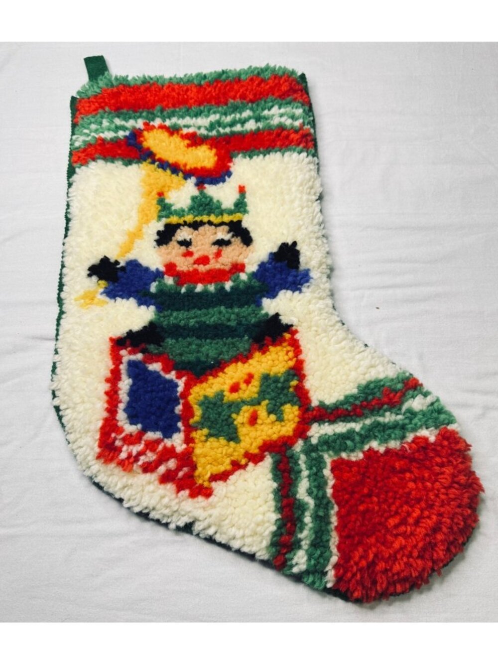 Vintage Latch Hook Christmas Stocking Handmade 22" With Festive Design